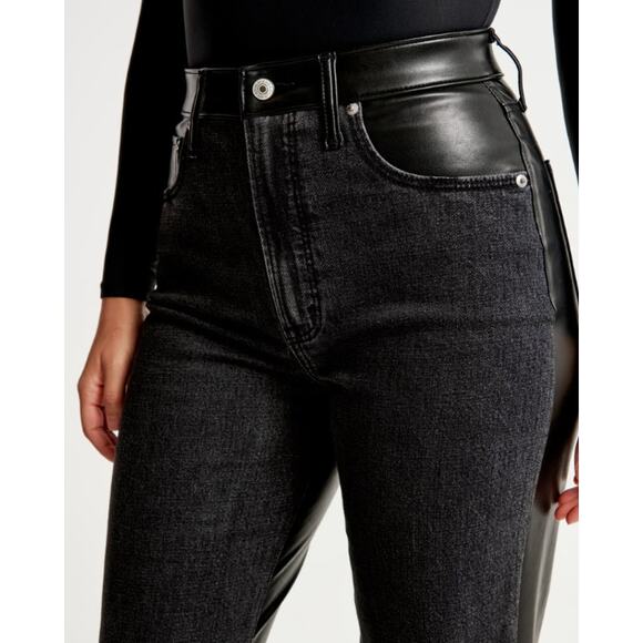 Abercrombie & Fitch Curve Love Ankle Straight Ultra High Rise Jeans Leather Pant - Picture 2 of 14